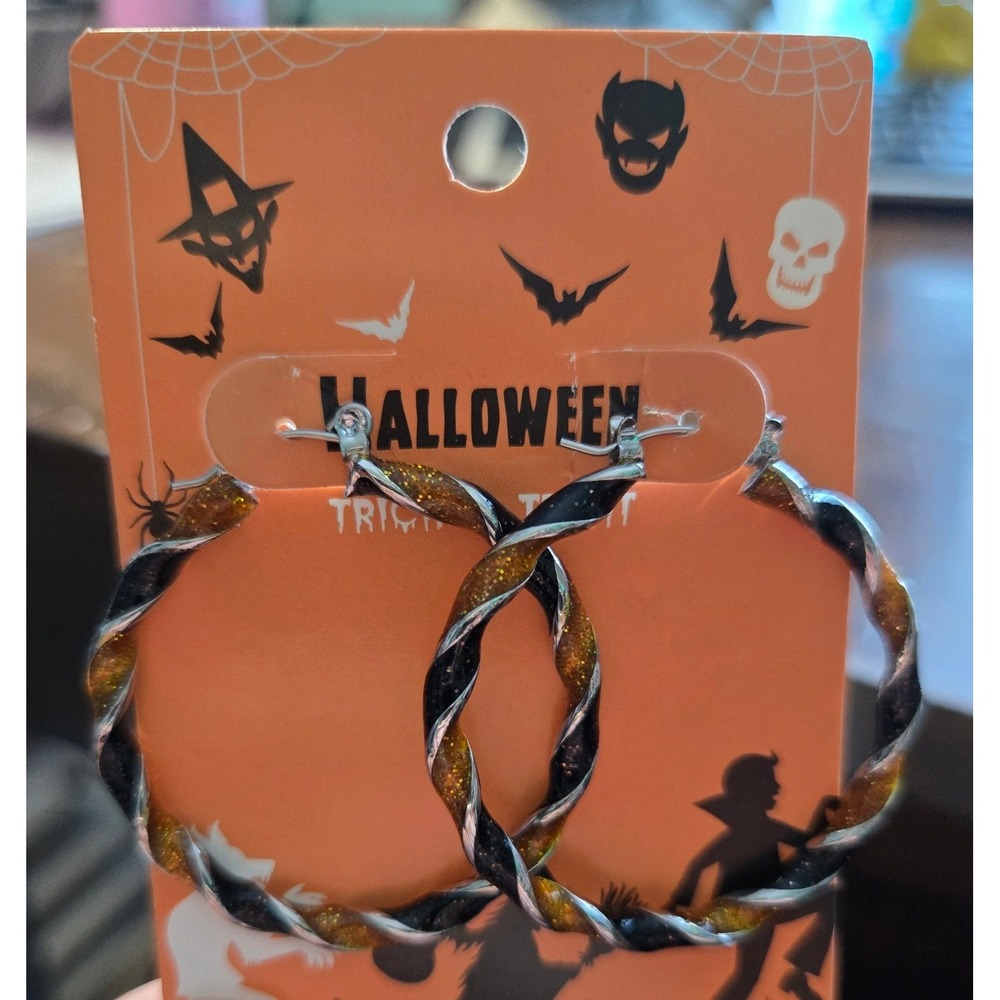 Halloween Black and Orange Glitter Twisted Hoop Earrings Spooky Festive Jewelry